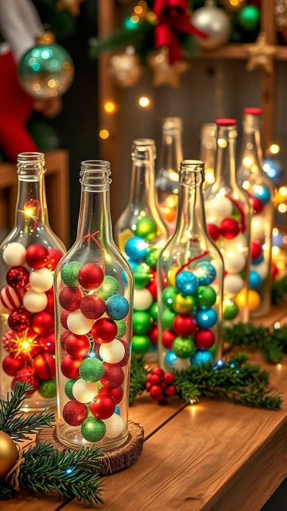Decorated Christmas bottles with ornaments and lights on a wooden table with holiday decor.